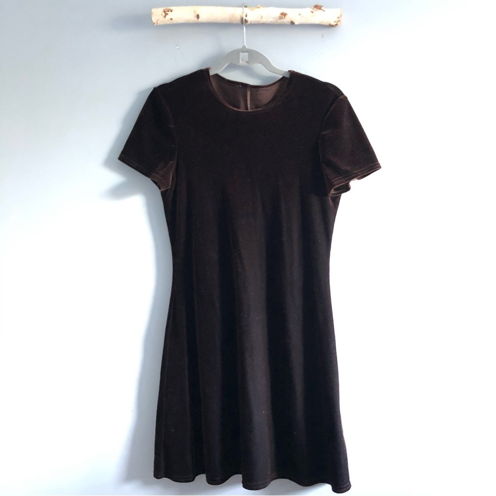 Vintage chocolate brown micro dot velvet crew neck short sleeve mini dress S/M